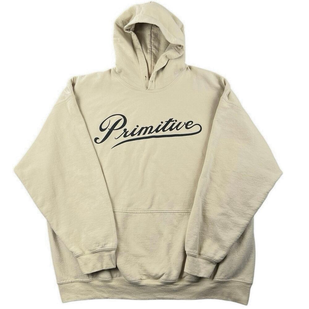 Primitive Skateboarding Script Logo Hoodie Oatmeal Beige Fleece Sweatshirt XL